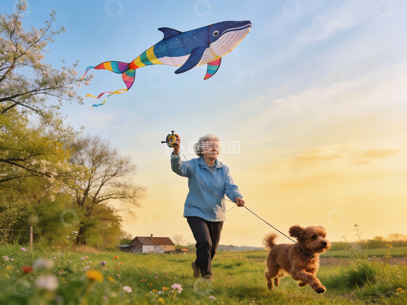 高清大图下载【趣麦麦图】老人放风筝遛狗田园欢乐