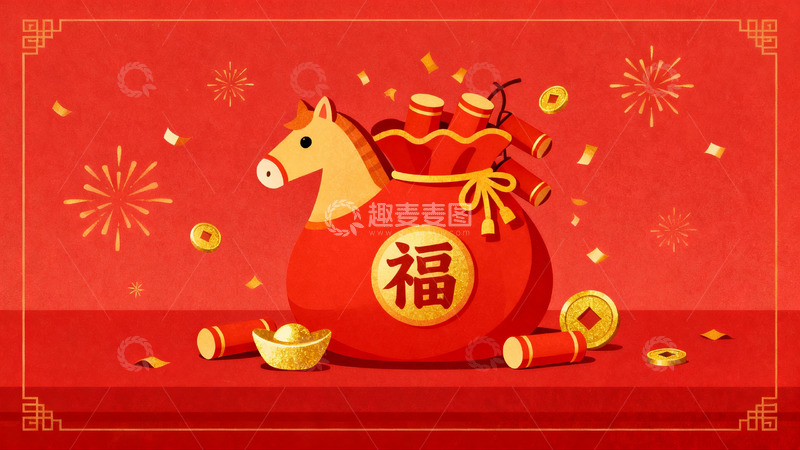 高清大图下载【趣麦麦图】红色福袋烟花马年新年装饰