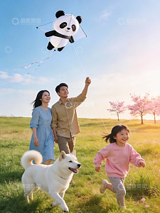一家三口草地上放熊猫风筝