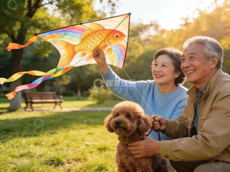 高清大图下载【趣麦麦图】老夫妇公园放风筝与宠物狗