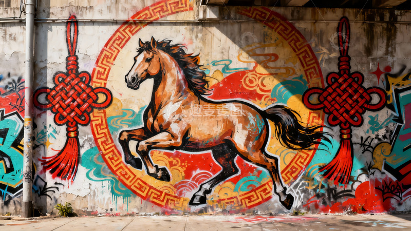 高清大图下载【趣麦麦图】街头壁画骏马奔腾图案