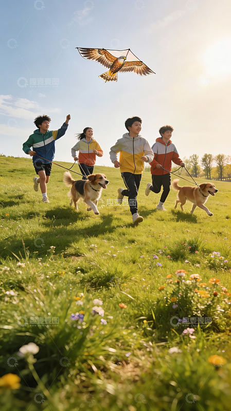 四人带狗放风筝草地上奔跑
