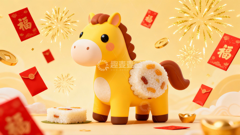 高清大图下载【趣麦麦图】卡通马形饭团新年庆祝