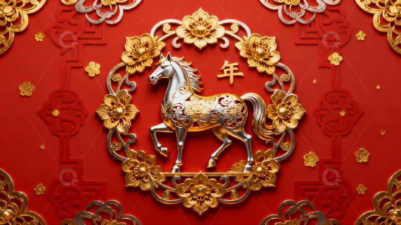 高清大图下载【趣麦麦图】红色背景金色马年装饰图案
