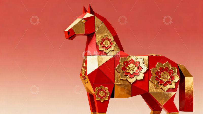 高清大图下载【趣麦麦图】红金相间的几何马雕塑