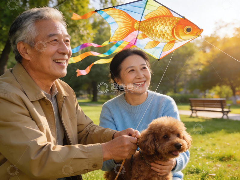 高清大图下载【趣麦麦图】公园放风筝遛狗的幸福老人