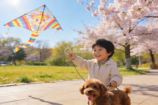 春日公园孩童放风筝遛狗