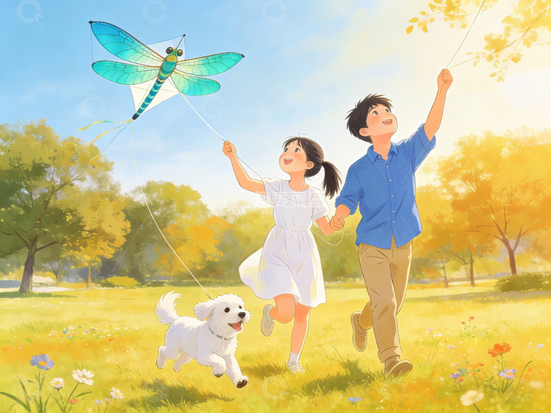 高清大图下载【趣麦麦图】兄妹放风筝与小狗奔跑