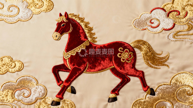红色骏马刺绣图案精美绝伦
