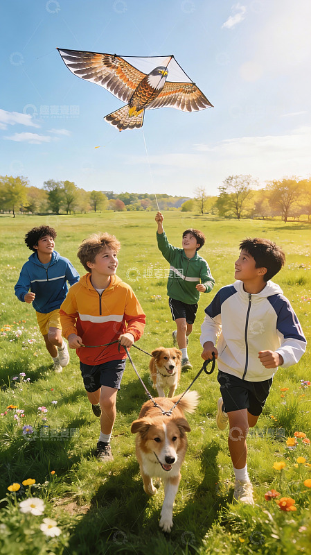 男孩放鹰风筝与狗奔跑