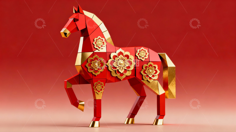 高清大图下载【趣麦麦图】红色几何马雕塑装饰艺术