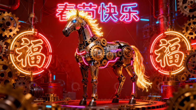 高清大图下载【趣麦麦图】机械马春节主题装饰