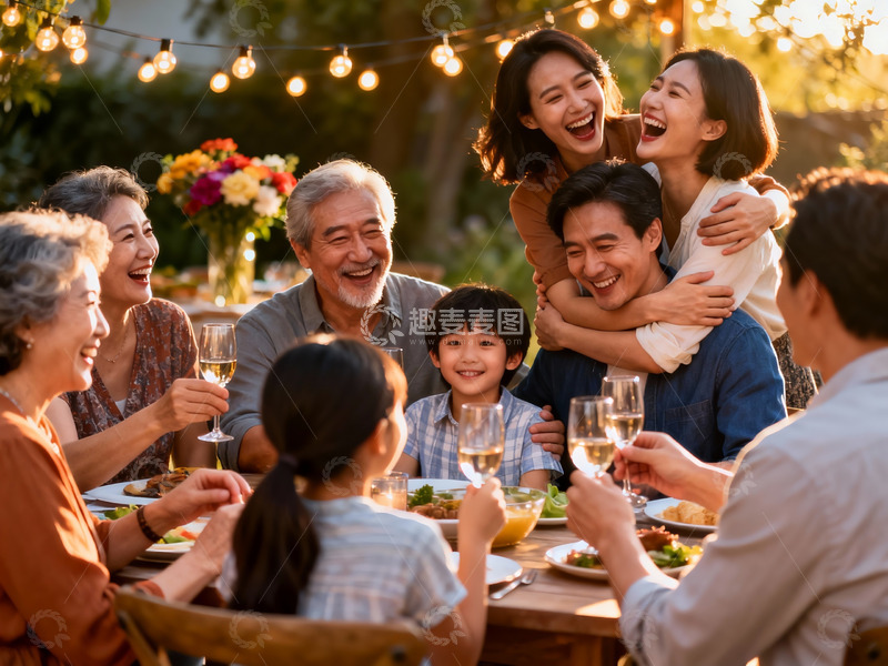 高清大图下载【趣麦麦图】温馨家庭户外聚餐欢笑场景