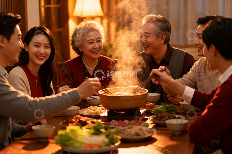 高清大图下载【趣麦麦图】家人围坐火锅聚餐其乐融融