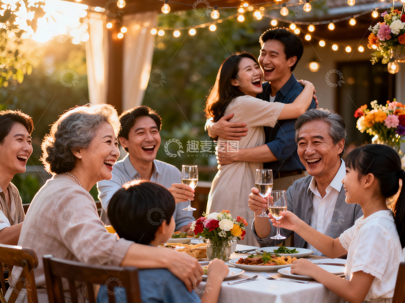 高清大图下载【趣麦麦图】温馨家庭户外聚餐欢笑场景