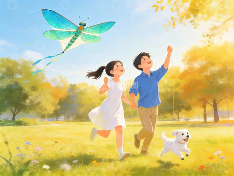 孩童放飞蜻蜓风筝欢乐奔跑