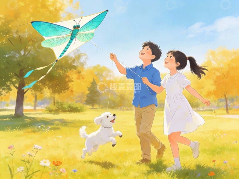 高清大图下载【趣麦麦图】孩童放飞蜻蜓风筝与宠物狗奔跑