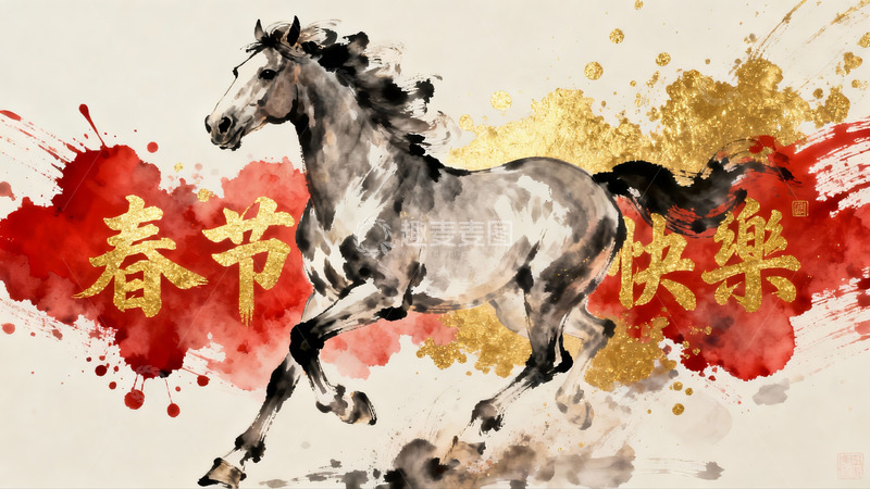 高清大图下载【趣麦麦图】水墨骏马迎春图