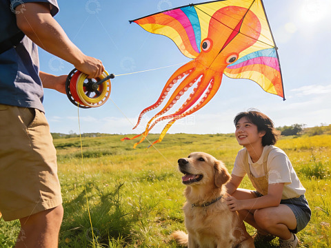 户外草地放风筝与宠物狗