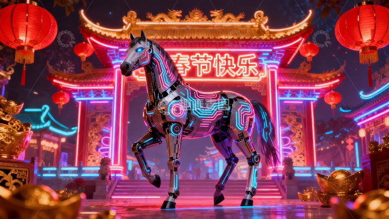 高清大图下载【趣麦麦图】霓虹灯下的科技骏马与传统门楼