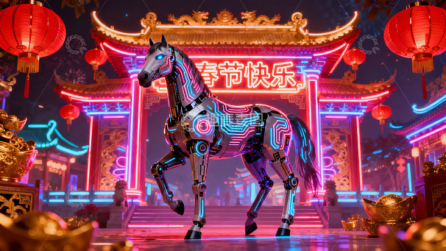 霓虹灯下的科技骏马与传统门楼