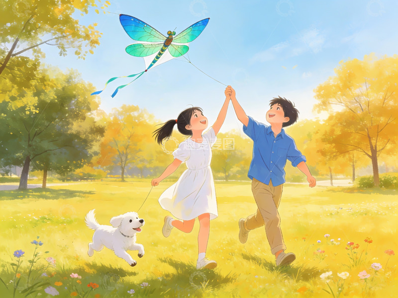 高清大图下载【趣麦麦图】孩童放飞蜻蜓风筝与宠物狗