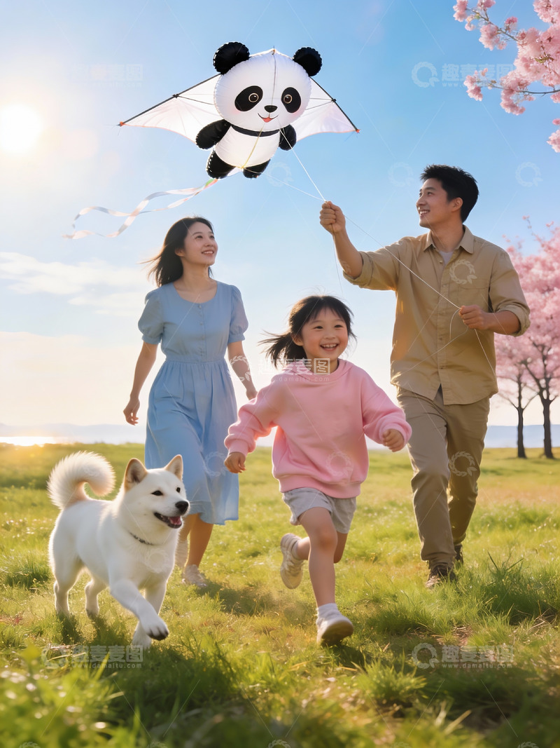 高清大图下载【趣麦麦图】家庭户外放风筝赏花