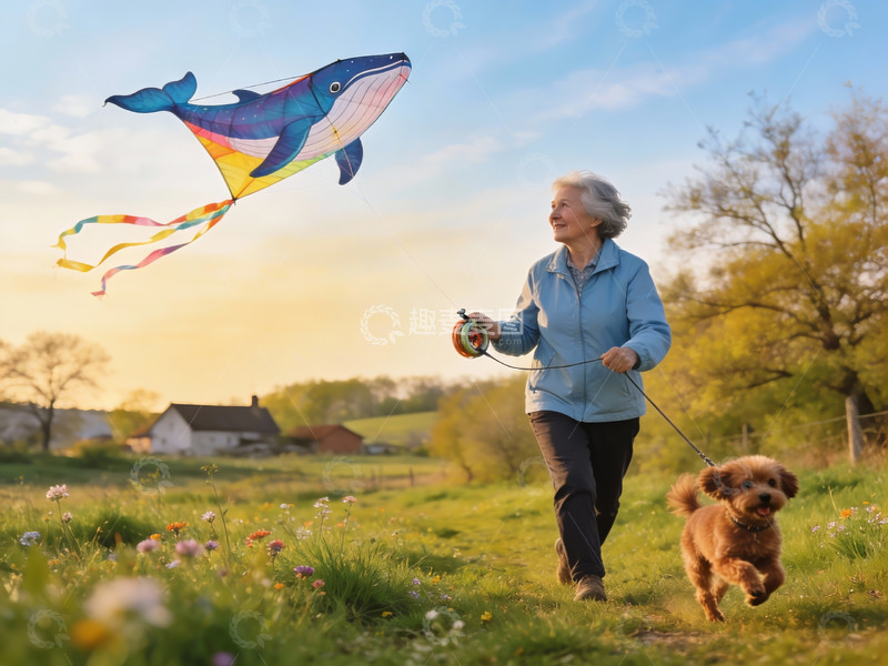 高清大图下载【趣麦麦图】老人户外遛狗放风筝
