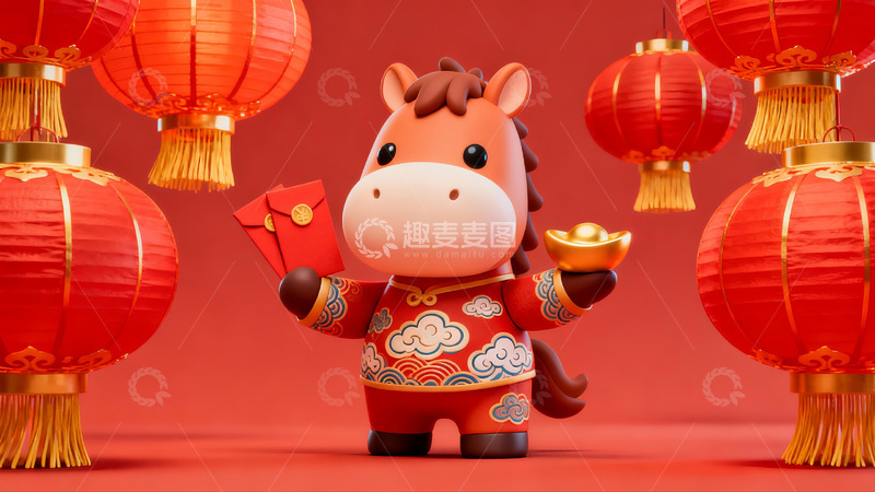 高清大图下载【趣麦麦图】卡通马年春节灯笼贺岁