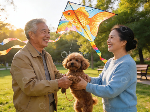 公园老人放风筝与宠物狗