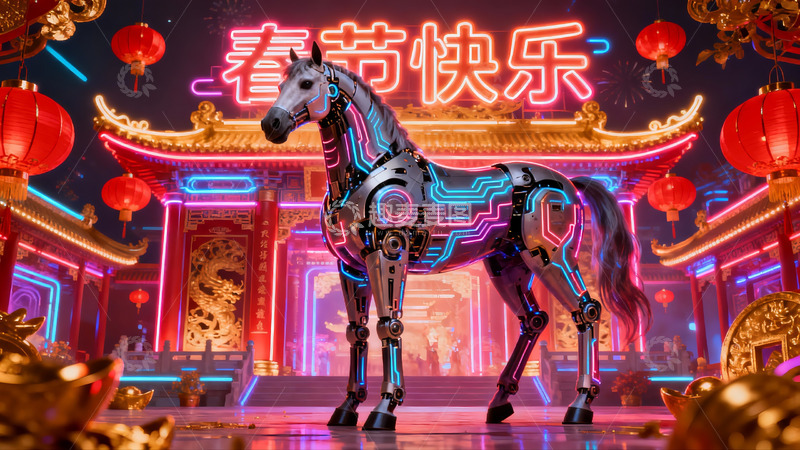 高清大图下载【趣麦麦图】科技骏马迎新春夜景