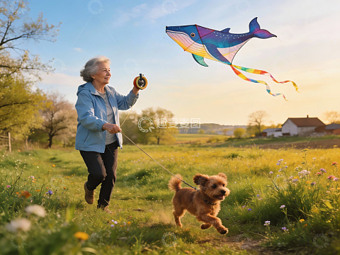 老人放风筝遛狗田园欢乐