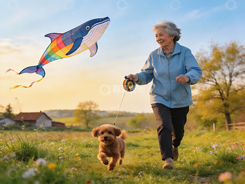 老人放风筝遛狗田园欢乐