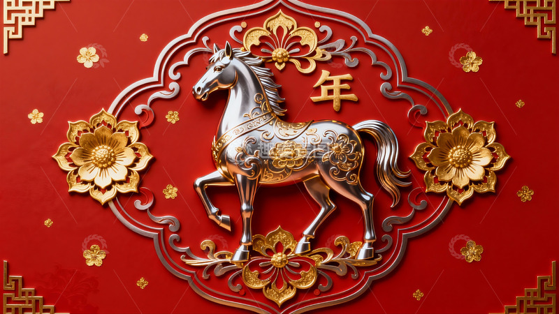 高清大图下载【趣麦麦图】红色背景金色马图案新年装饰画