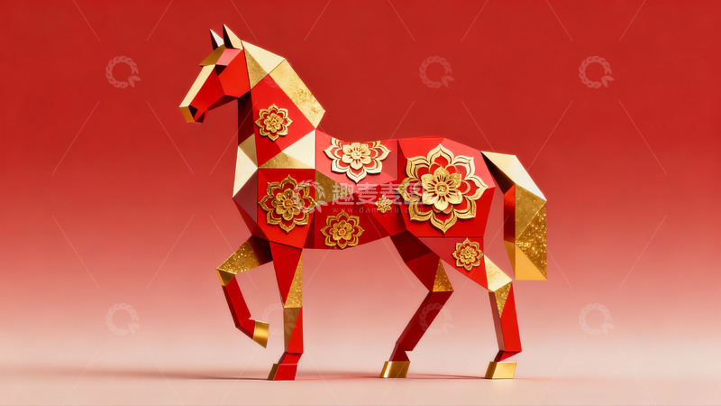 高清大图下载【趣麦麦图】红色背景上的金色马形折纸艺术品