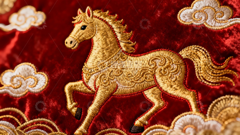 高清大图下载【趣麦麦图】红色布料上的金色马刺绣图案