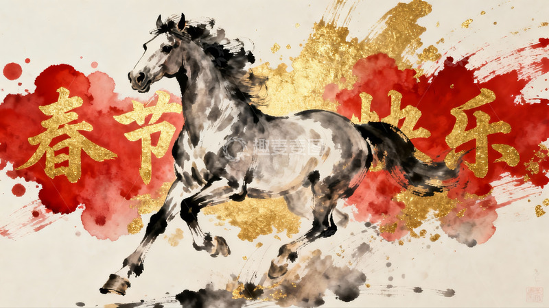 高清大图下载【趣麦麦图】水墨骏马迎春图