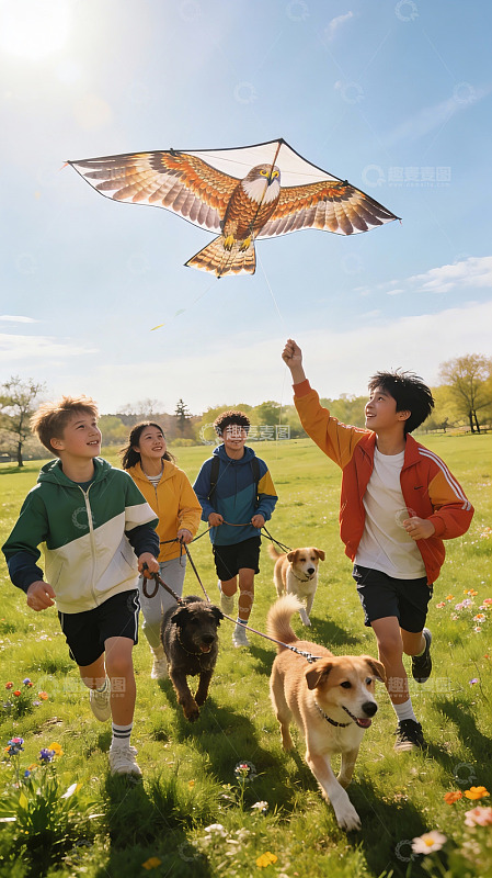 孩子们放风筝与宠物狗奔跑