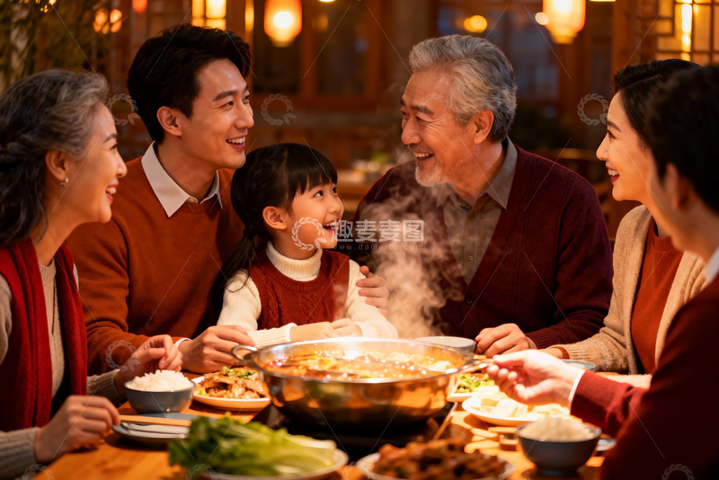 高清大图下载【趣麦麦图】三代同堂围坐火锅聚餐