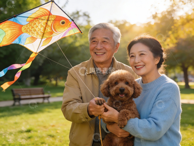 高清大图下载【趣麦麦图】老夫妇公园放风筝与宠物狗