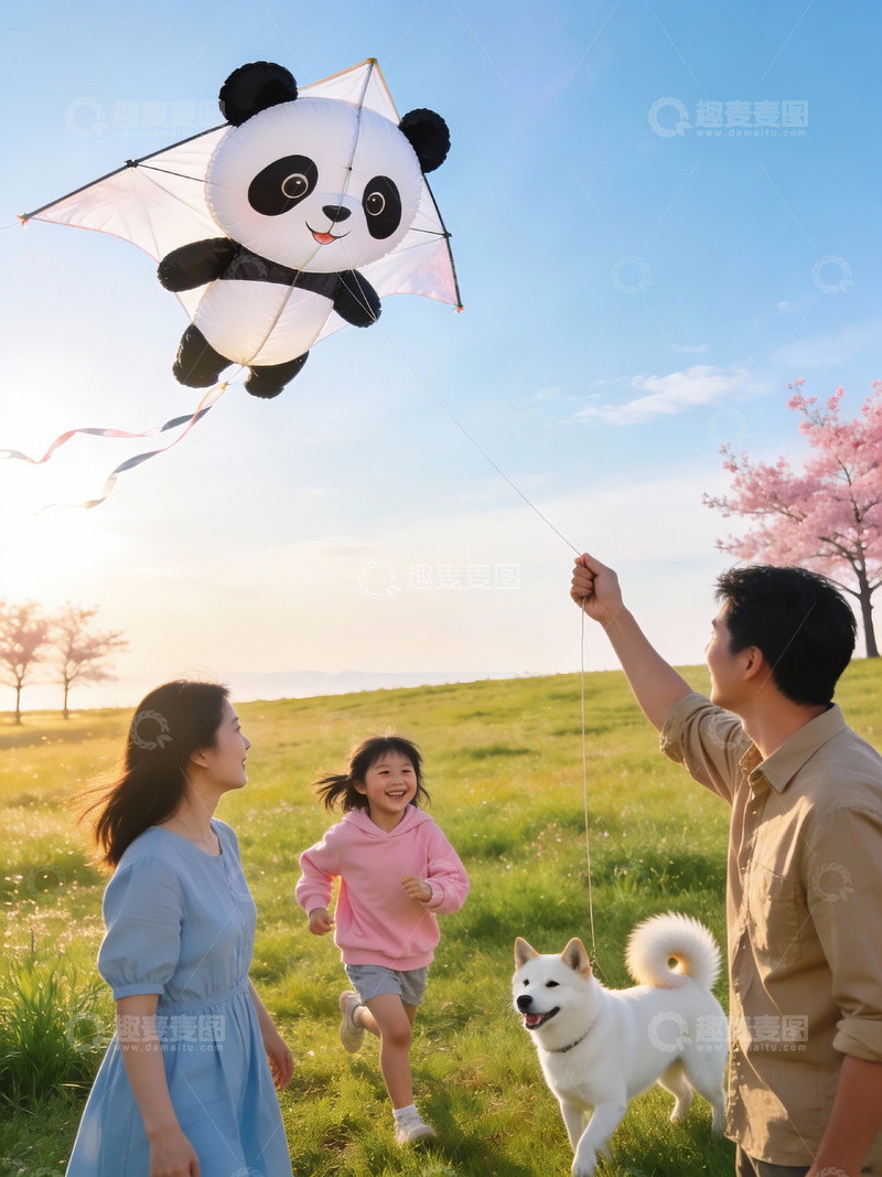 高清大图下载【趣麦麦图】家庭户外放熊猫风筝欢乐场景