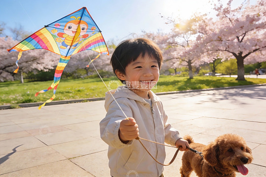 春日公园孩童放风筝遛狗