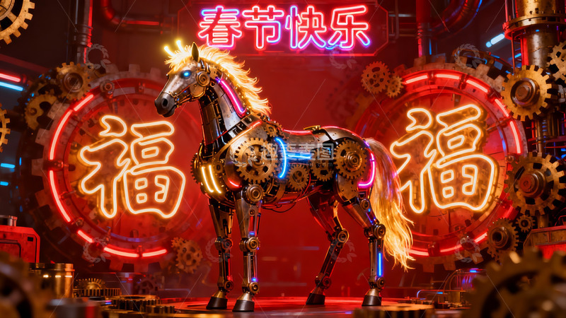 高清大图下载【趣麦麦图】机械马迎新春创意设计