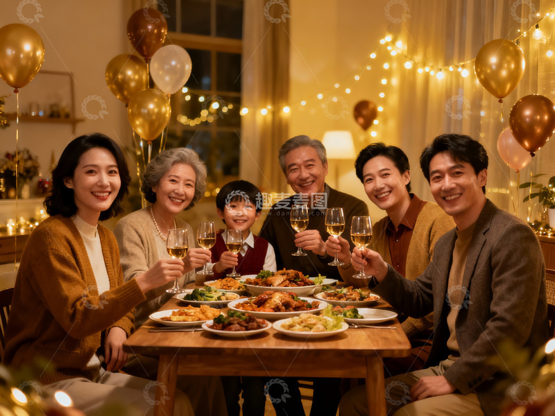 高清大图下载【趣麦麦图】温馨家庭聚餐举杯欢庆