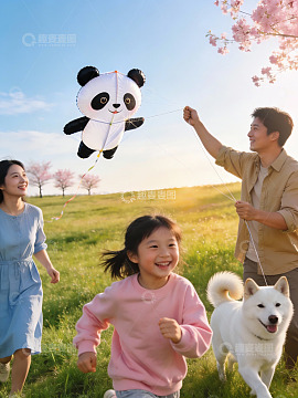 家庭户外放风筝欢乐场景