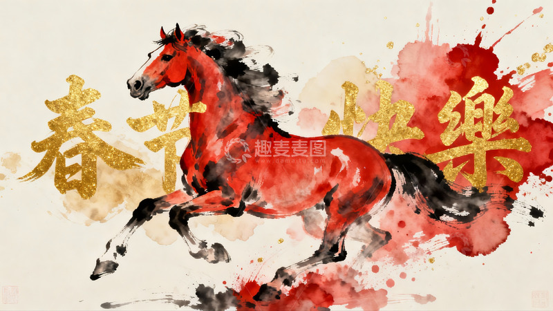 高清大图下载【趣麦麦图】红色骏马奔腾春节祝福图