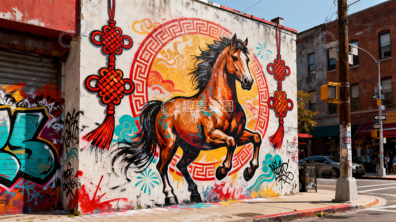 高清大图下载【趣麦麦图】街头壁画骏马奔腾色彩鲜艳