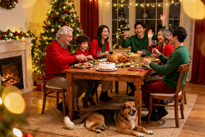 高清大图下载【趣麦麦图】圣诞家庭聚餐温馨场景