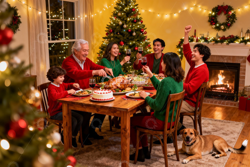 高清大图下载【趣麦麦图】圣诞家庭聚餐温馨场景