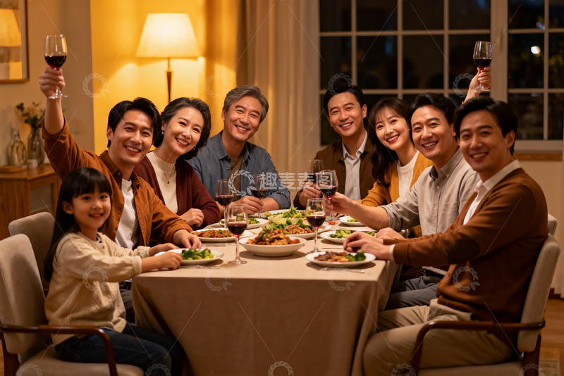 高清大图下载【趣麦麦图】温馨家庭聚餐举杯欢庆
